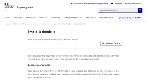 Capture de la page Crédit d'impôt